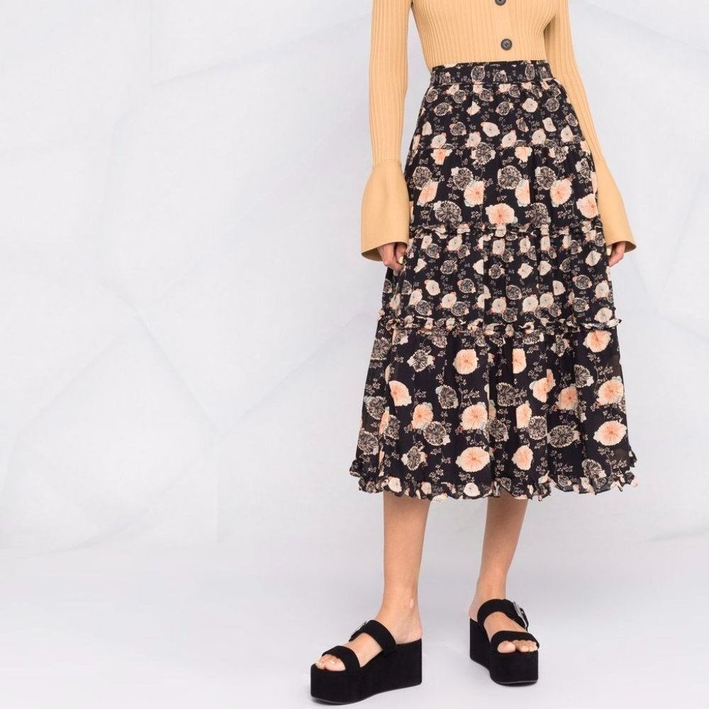 NEW Ulla Johnson Tulia Noir Floral Tiered Midi Skirt 12